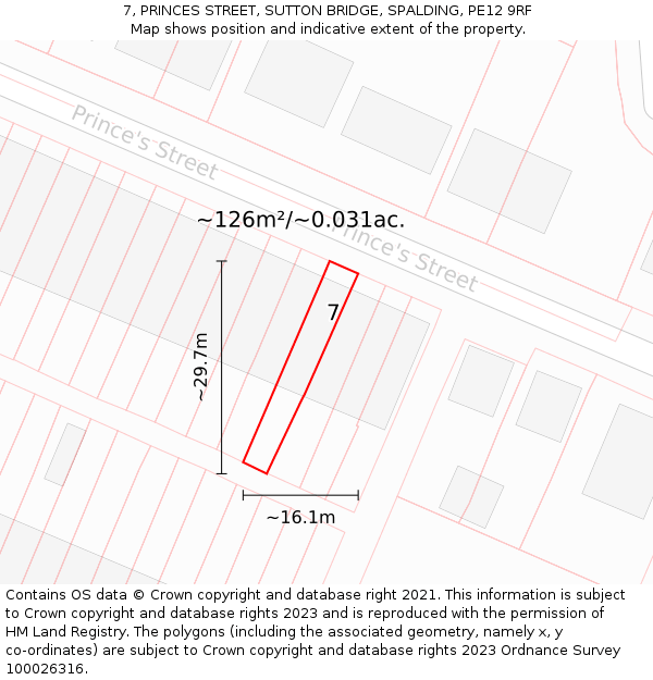 7, PRINCES STREET, SUTTON BRIDGE, SPALDING, PE12 9RF: Plot and title map