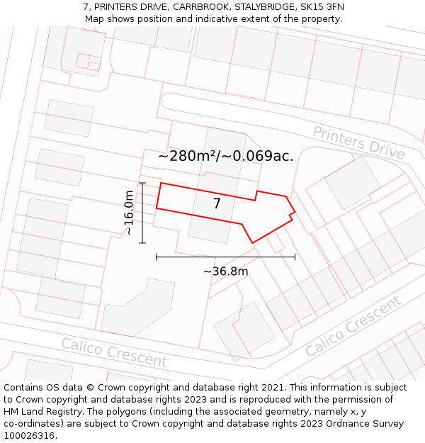 7, PRINTERS DRIVE, CARRBROOK, STALYBRIDGE, SK15 3FN: Plot and title map