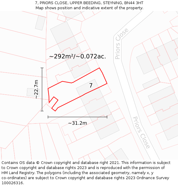 7, PRIORS CLOSE, UPPER BEEDING, STEYNING, BN44 3HT: Plot and title map