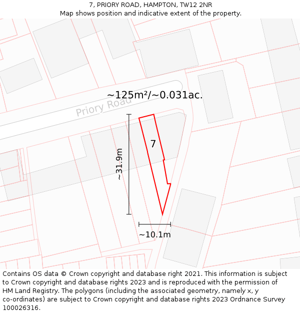 7, PRIORY ROAD, HAMPTON, TW12 2NR: Plot and title map