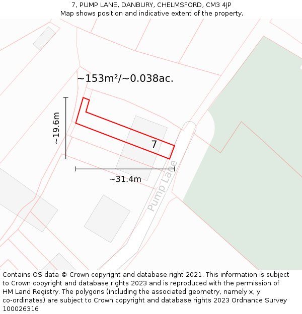 7, PUMP LANE, DANBURY, CHELMSFORD, CM3 4JP: Plot and title map