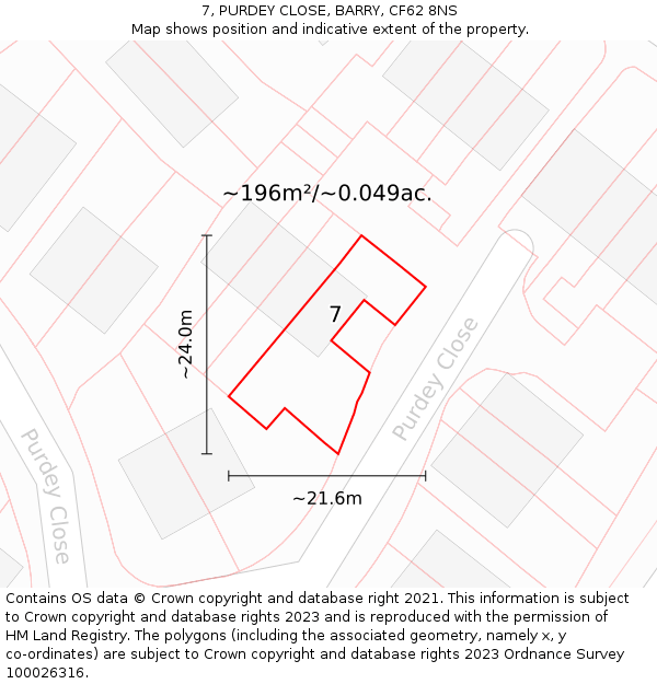 7, PURDEY CLOSE, BARRY, CF62 8NS: Plot and title map