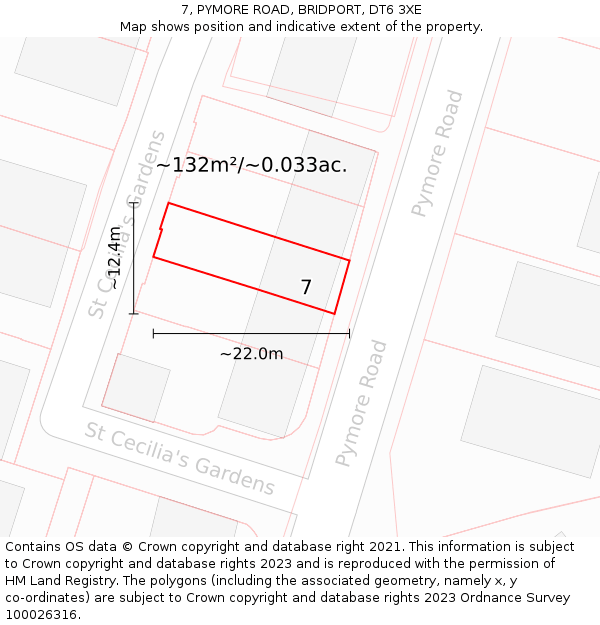 7, PYMORE ROAD, BRIDPORT, DT6 3XE: Plot and title map