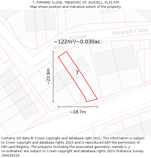 7, PYRAMID CLOSE, TREWOON, ST. AUSTELL, PL25 5TP: Plot and title map