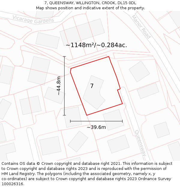 7, QUEENSWAY, WILLINGTON, CROOK, DL15 0DL: Plot and title map