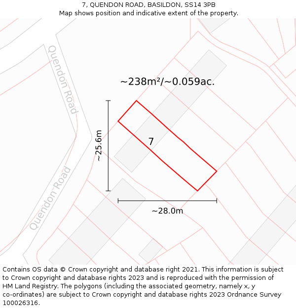 7, QUENDON ROAD, BASILDON, SS14 3PB: Plot and title map