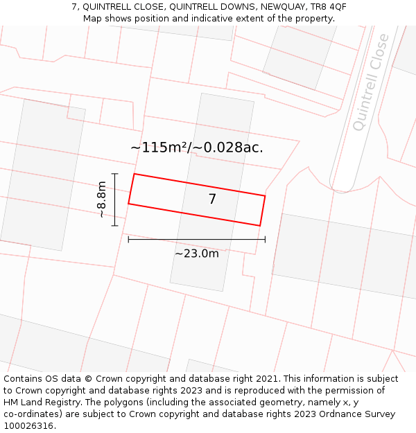 7, QUINTRELL CLOSE, QUINTRELL DOWNS, NEWQUAY, TR8 4QF: Plot and title map