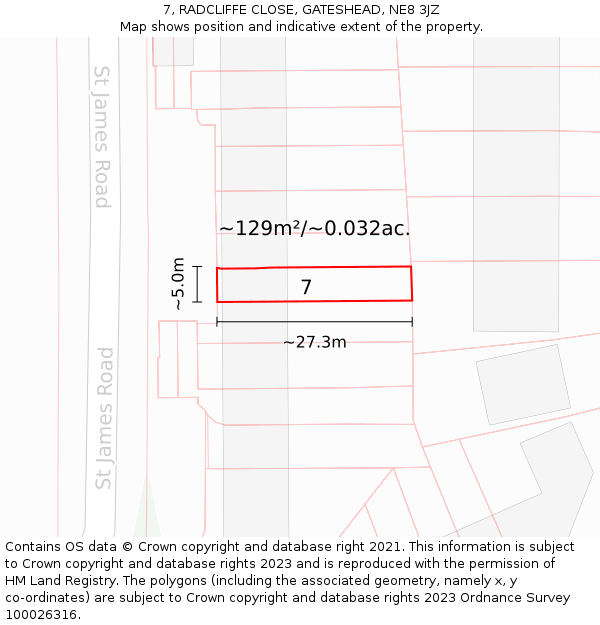 7, RADCLIFFE CLOSE, GATESHEAD, NE8 3JZ: Plot and title map