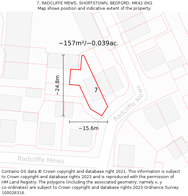 7, RADCLIFFE MEWS, SHORTSTOWN, BEDFORD, MK42 0XG: Plot and title map