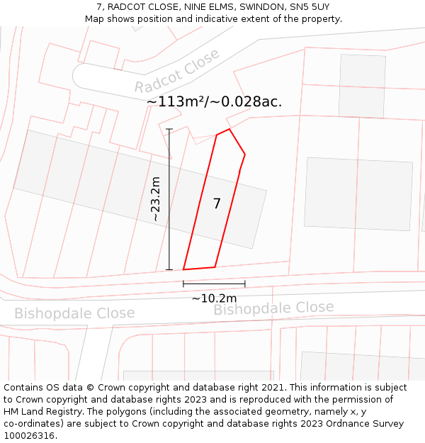 7, RADCOT CLOSE, NINE ELMS, SWINDON, SN5 5UY: Plot and title map