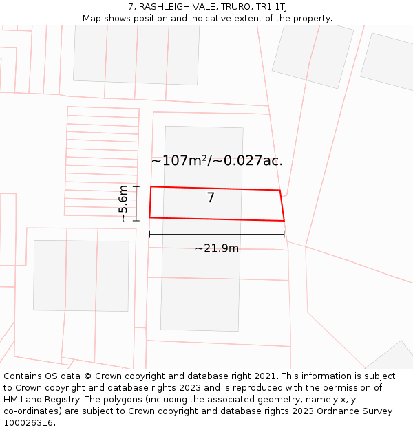7, RASHLEIGH VALE, TRURO, TR1 1TJ: Plot and title map