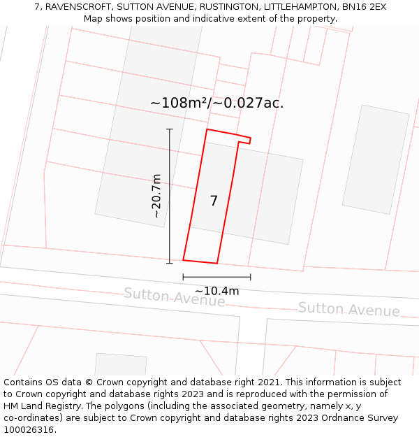 7, RAVENSCROFT, SUTTON AVENUE, RUSTINGTON, LITTLEHAMPTON, BN16 2EX: Plot and title map