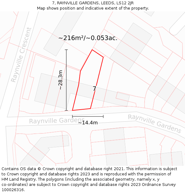 7, RAYNVILLE GARDENS, LEEDS, LS12 2JR: Plot and title map