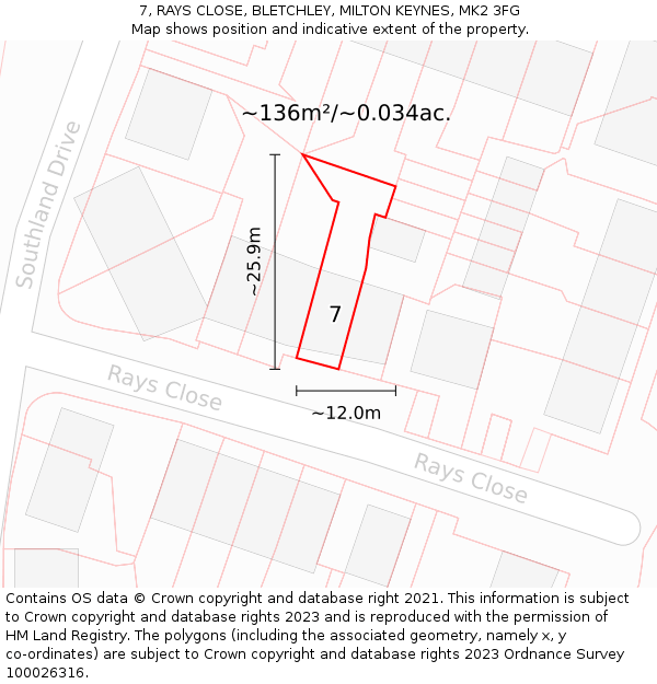 7, RAYS CLOSE, BLETCHLEY, MILTON KEYNES, MK2 3FG: Plot and title map