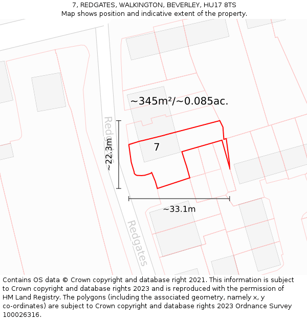 7, REDGATES, WALKINGTON, BEVERLEY, HU17 8TS: Plot and title map