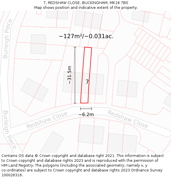 7, REDSHAW CLOSE, BUCKINGHAM, MK18 7BS: Plot and title map