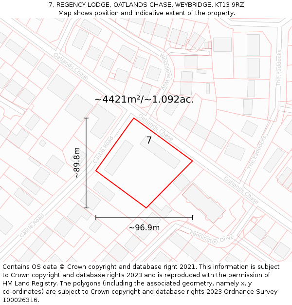 7, REGENCY LODGE, OATLANDS CHASE, WEYBRIDGE, KT13 9RZ: Plot and title map