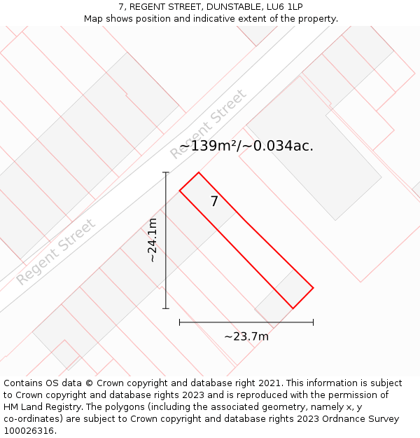 7, REGENT STREET, DUNSTABLE, LU6 1LP: Plot and title map