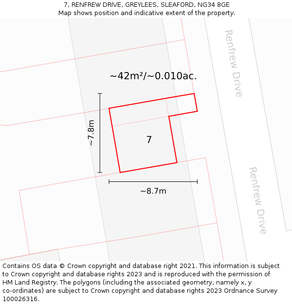 7, RENFREW DRIVE, GREYLEES, SLEAFORD, NG34 8GE: Plot and title map