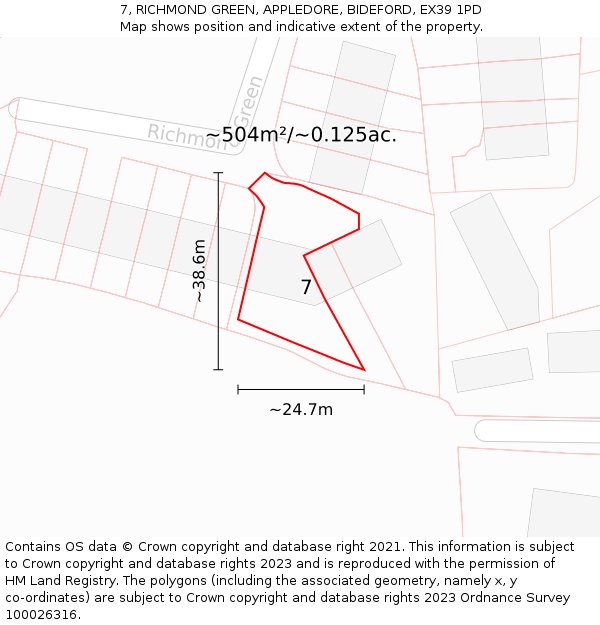 7, RICHMOND GREEN, APPLEDORE, BIDEFORD, EX39 1PD: Plot and title map