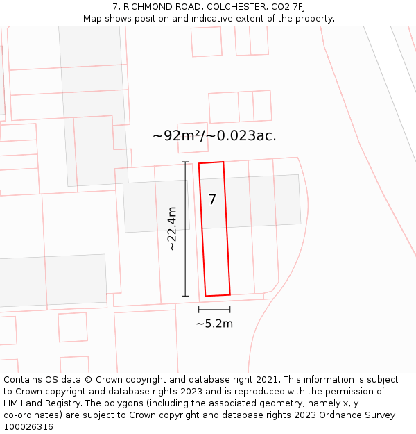 7, RICHMOND ROAD, COLCHESTER, CO2 7FJ: Plot and title map