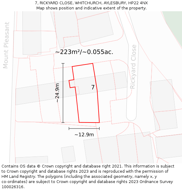 7, RICKYARD CLOSE, WHITCHURCH, AYLESBURY, HP22 4NX: Plot and title map