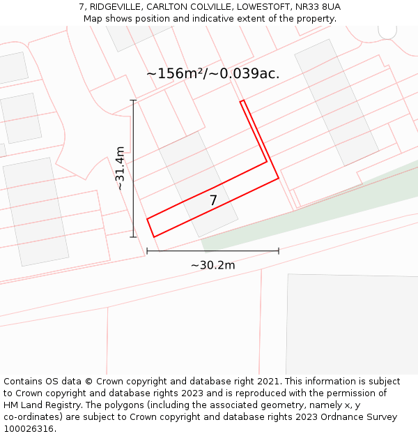 7, RIDGEVILLE, CARLTON COLVILLE, LOWESTOFT, NR33 8UA: Plot and title map