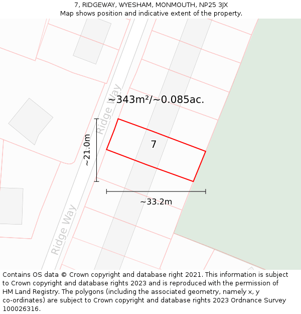 7, RIDGEWAY, WYESHAM, MONMOUTH, NP25 3JX: Plot and title map