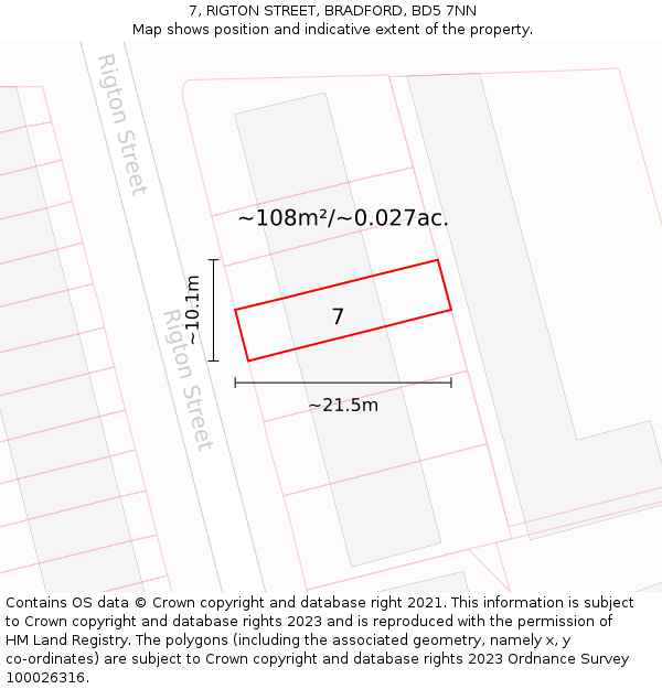 7, RIGTON STREET, BRADFORD, BD5 7NN: Plot and title map