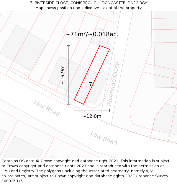 7, RIVERSIDE CLOSE, CONISBROUGH, DONCASTER, DN12 3GA: Plot and title map