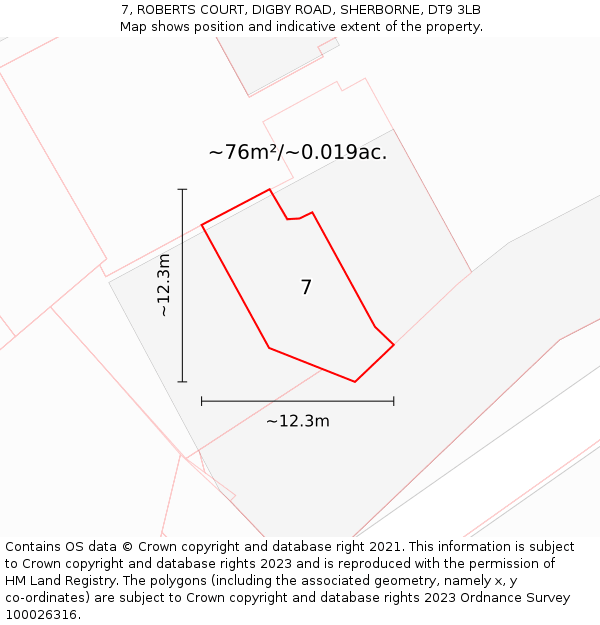 7, ROBERTS COURT, DIGBY ROAD, SHERBORNE, DT9 3LB: Plot and title map