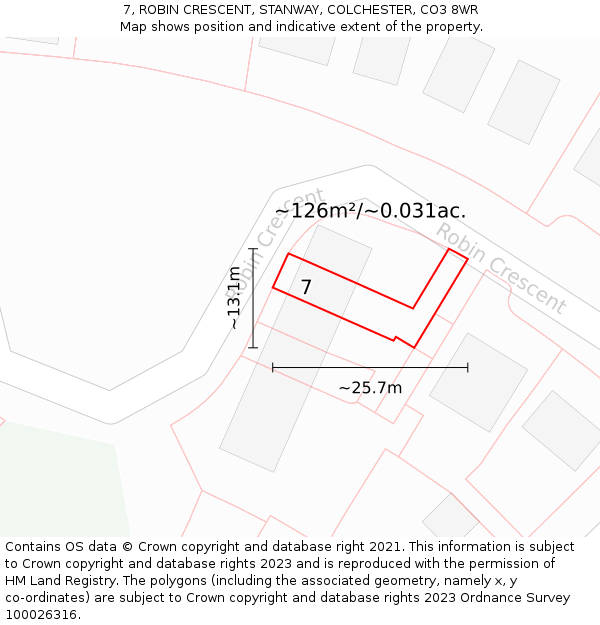 7, ROBIN CRESCENT, STANWAY, COLCHESTER, CO3 8WR: Plot and title map