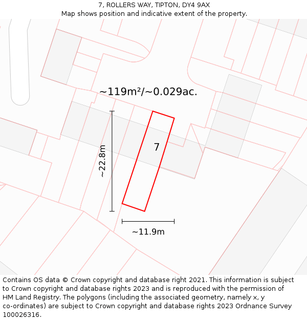 7, ROLLERS WAY, TIPTON, DY4 9AX: Plot and title map