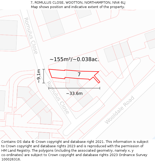7, ROMULUS CLOSE, WOOTTON, NORTHAMPTON, NN4 6LJ: Plot and title map