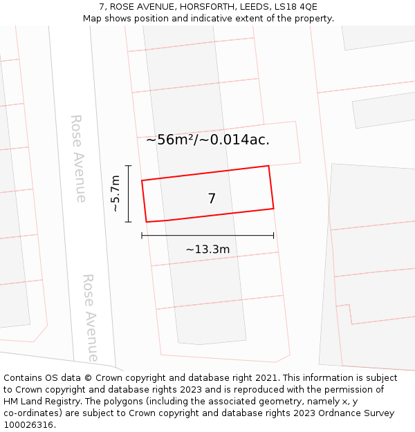 7, ROSE AVENUE, HORSFORTH, LEEDS, LS18 4QE: Plot and title map