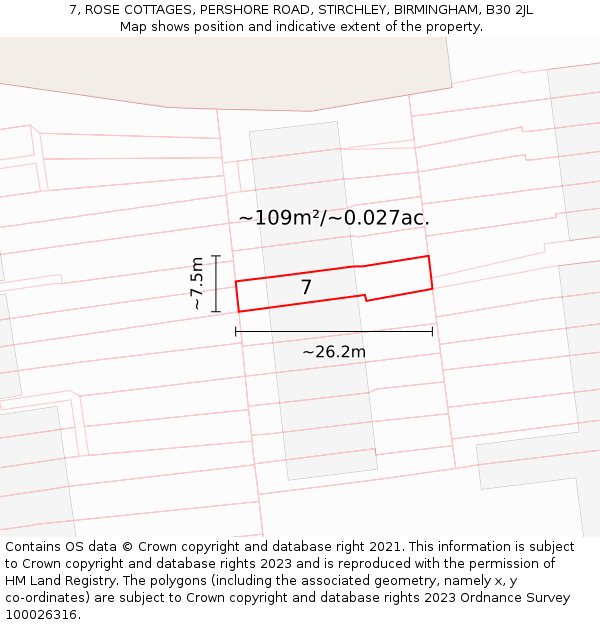 7, ROSE COTTAGES, PERSHORE ROAD, STIRCHLEY, BIRMINGHAM, B30 2JL: Plot and title map