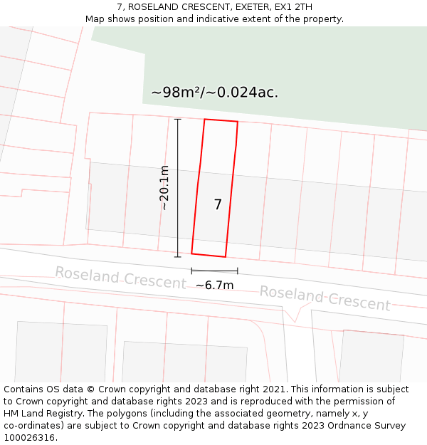 7, ROSELAND CRESCENT, EXETER, EX1 2TH: Plot and title map