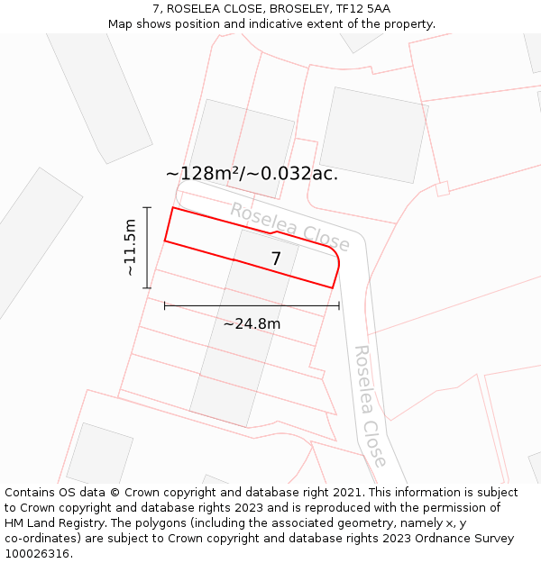 7, ROSELEA CLOSE, BROSELEY, TF12 5AA: Plot and title map