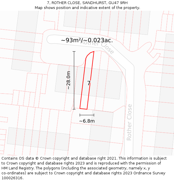 7, ROTHER CLOSE, SANDHURST, GU47 9RH: Plot and title map