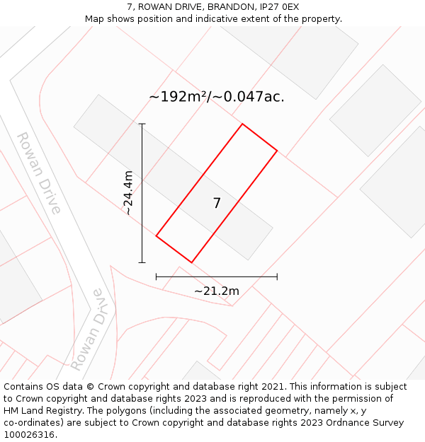 7, ROWAN DRIVE, BRANDON, IP27 0EX: Plot and title map
