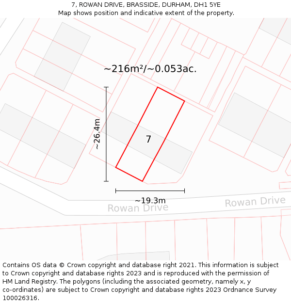 7, ROWAN DRIVE, BRASSIDE, DURHAM, DH1 5YE: Plot and title map