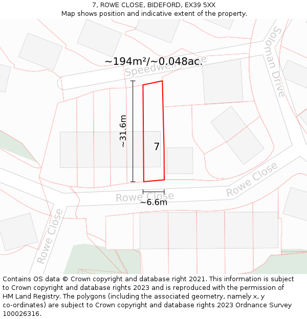7, ROWE CLOSE, BIDEFORD, EX39 5XX: Plot and title map