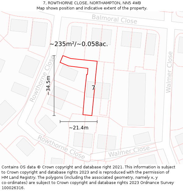 7, ROWTHORNE CLOSE, NORTHAMPTON, NN5 4WB: Plot and title map