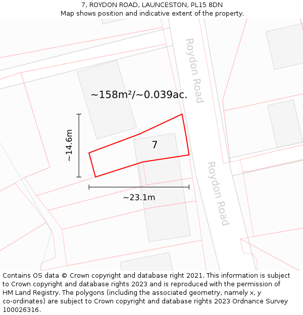 7, ROYDON ROAD, LAUNCESTON, PL15 8DN: Plot and title map
