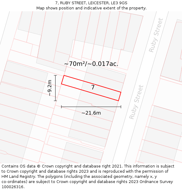 7, RUBY STREET, LEICESTER, LE3 9GS: Plot and title map
