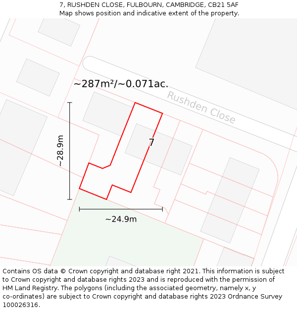 7, RUSHDEN CLOSE, FULBOURN, CAMBRIDGE, CB21 5AF: Plot and title map