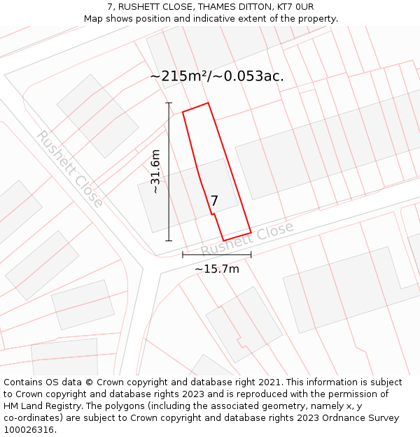 7, RUSHETT CLOSE, THAMES DITTON, KT7 0UR: Plot and title map
