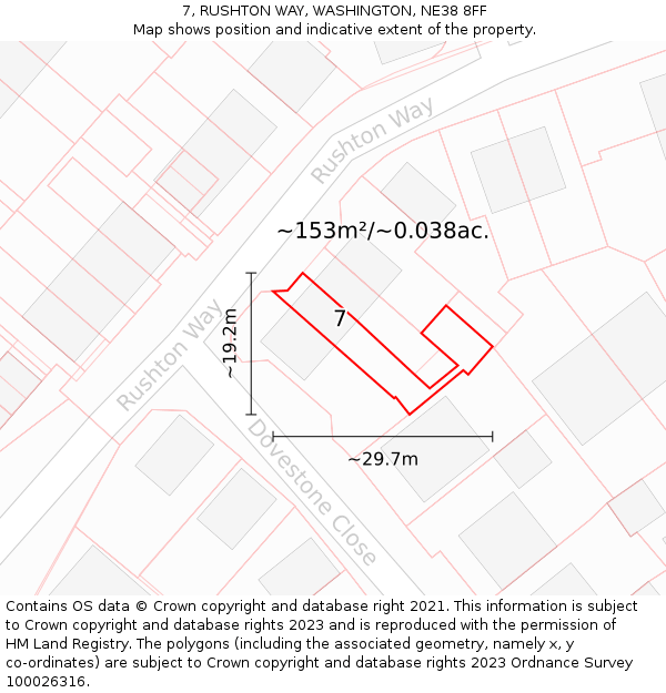 7, RUSHTON WAY, WASHINGTON, NE38 8FF: Plot and title map