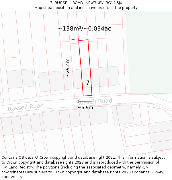 7, RUSSELL ROAD, NEWBURY, RG14 5JX: Plot and title map