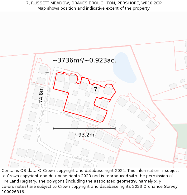 7, RUSSETT MEADOW, DRAKES BROUGHTON, PERSHORE, WR10 2GP: Plot and title map